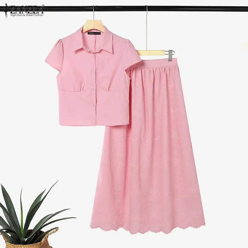 Women's Elegant Chic Skirt Sets ZANZEA Korean Fashion Short Sleeve Short Shirt & Embroidered Maxi Skirt 2 Pieces Sets Outfits