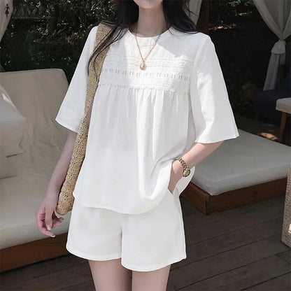 ZANZEA Women Casual 2 Pieces Sets O-Neck Half Sleeve Lace Patchwork Blouse & Elastic Waist Shorts Solid Color Loose Suits Outfit