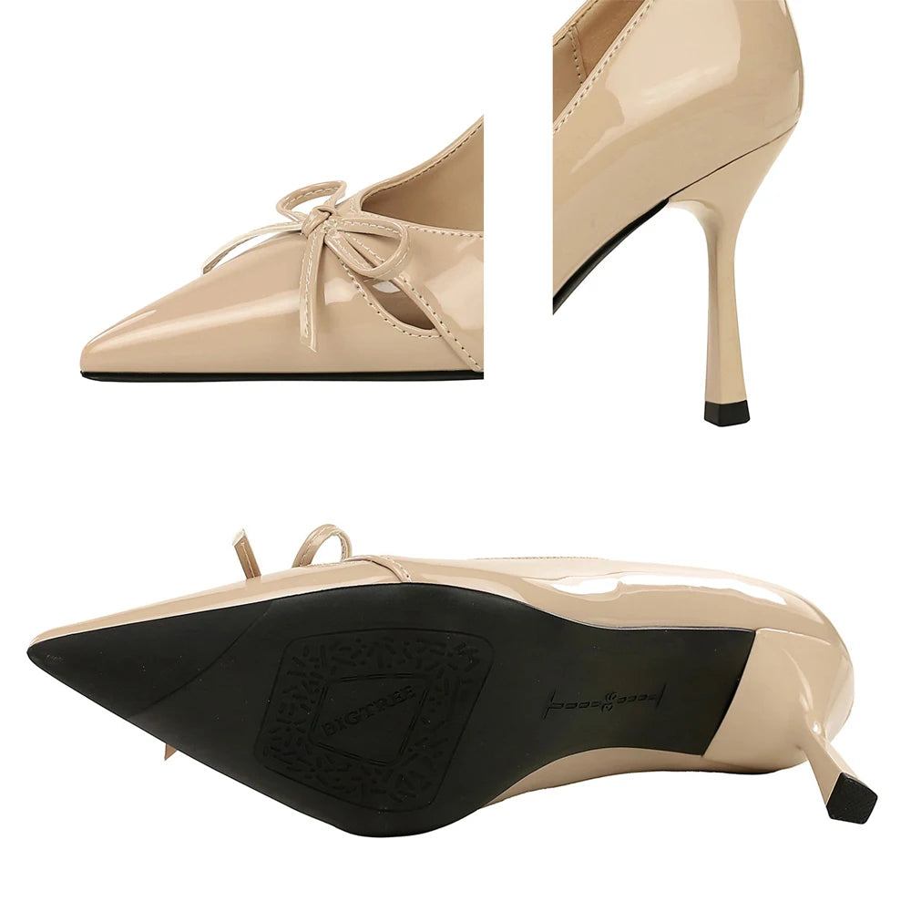 Women 8 Heels Patent Leather Women Pumps Bowknot Hollowed-Out High Heels Stiletto Sexy Party Shoes Female Pumps Plus Size 43