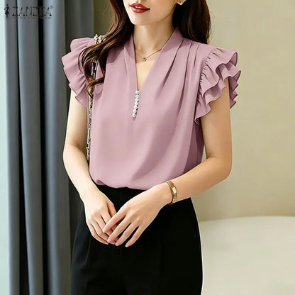 ZANZEA Women Sophisticated Elegant Flying Sleeves Blouses V-Neck Pearls Detail Solid Color Tops Summer Pleated Blusas de Mujer