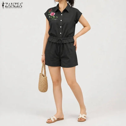 ZANZEA Women Short Sets Two Piece Shorts Sets Floral Drawstring Pockets Casual Summer Lapel Button 2PCS Sleeveless Tops Shorts