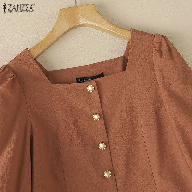 ZANZEA Summer Autumn Women Blouses Fashion Square Collar Solid Color Tops Half Sleeve Tee Blusas Fashion Streetwear Oversize