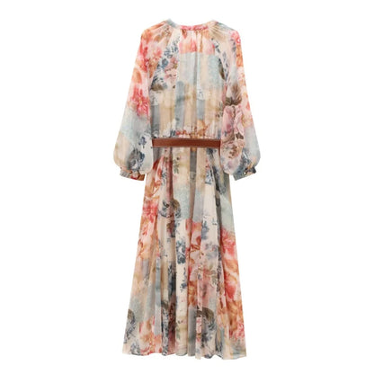 Women's Floral Maxi Dress with Belt Spring Summer V Neck Lantern Sleeve Button Down Boho Elegant Long Party Beach Dresses