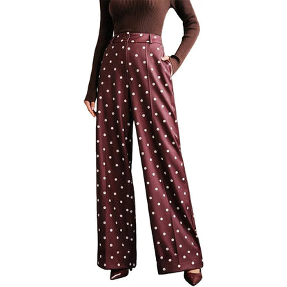 Fashionable Women's Vintage Polka-dot Wide-leg Pants, High-waisted Casual Trousers, Available in Beige, Black, Blue, and Brown.