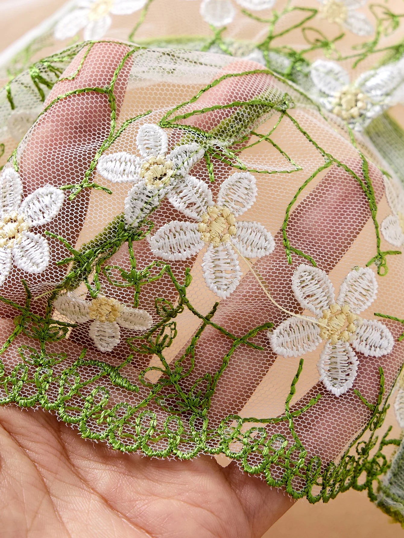Women Green Daisy Floral Embroidery Lingerie Set Sheer Mesh Heart Metal Buckle Underwire Bra & Thong 2‑Piece Intimate Underwear