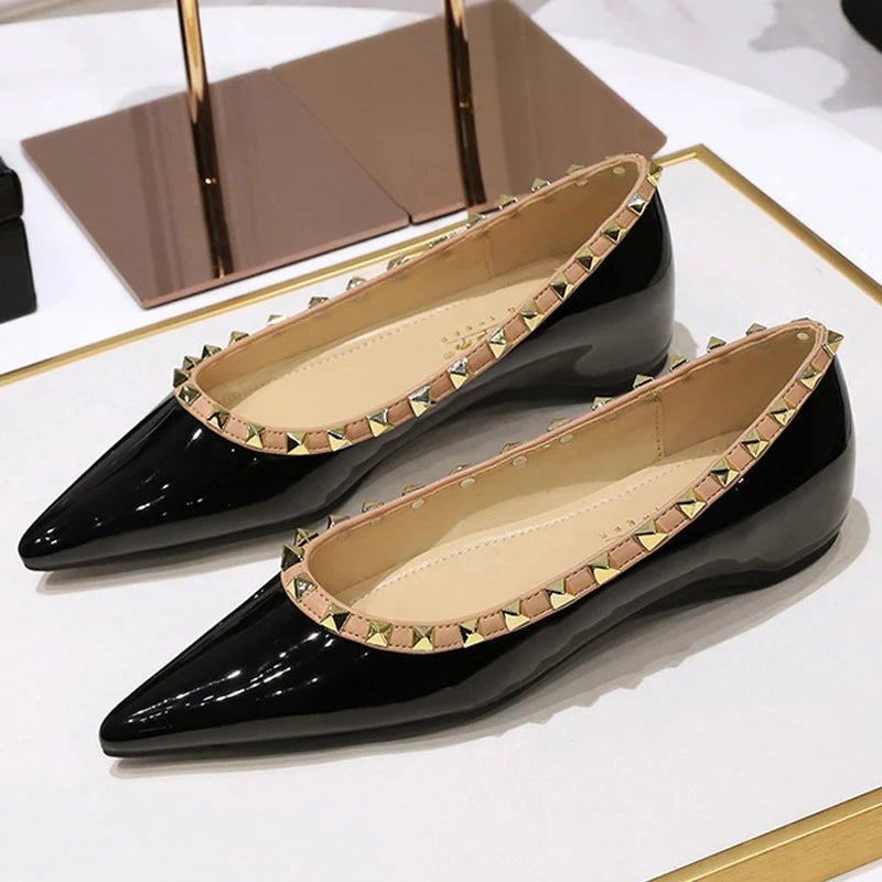 BIGTREE Shoes Lady Rivet Decoration Low Heeled Women Shoes Patent Leather Ladies Shoes Wedge Heels Pointed Tip Low Heel Female