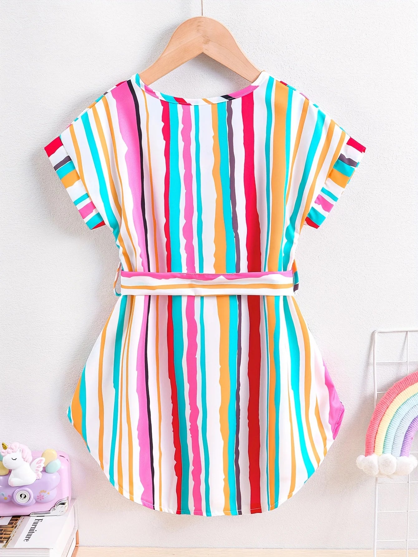Girls' Summer Casual Fashion Sweet Colorful Striped V-Neck Belted Irregular Hem Short-Sleeved Dress