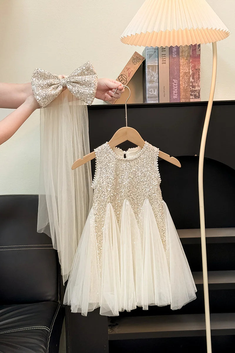 Girls Sequined Dress New Princess Puff Dress Kids Birthday Party Mesh Gown Ball Children Clothes Teen Fashion Vestidos 2-10 Year