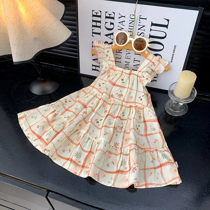2026 Summer Girls Flutter Sleeve Dress Kids Printed Tiered Princess Dresses for 1-12Y Children Vacation Clothes