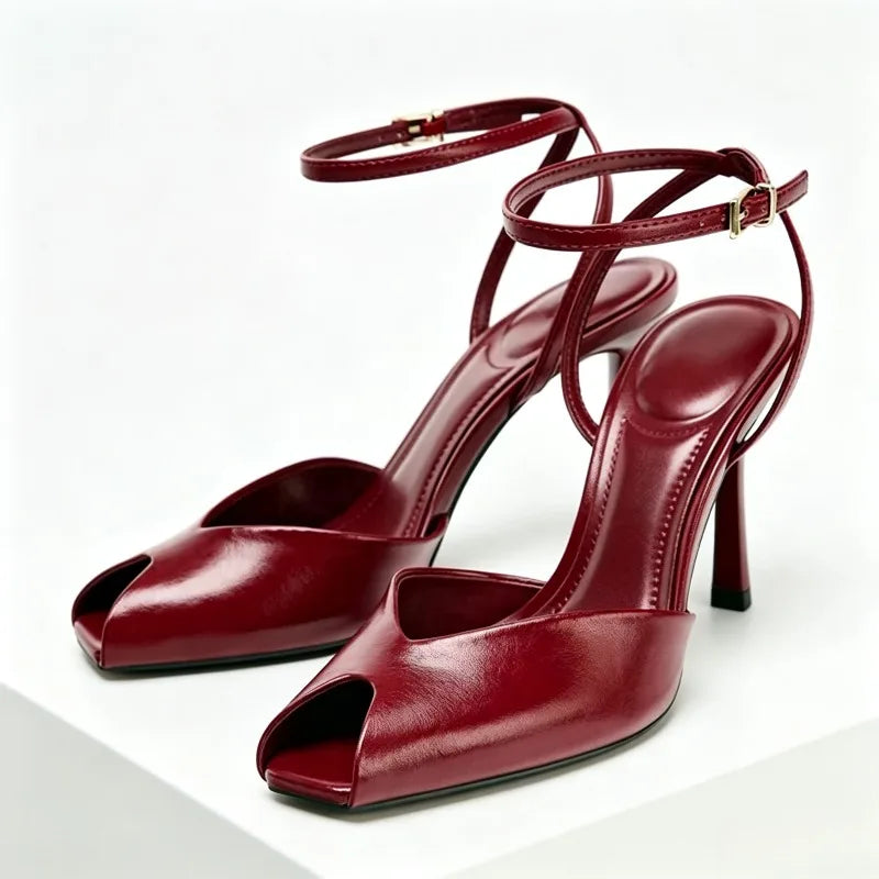 Red Soft Leather PU Ankle Strap Heeled Sandals Women Sexy Peep Toe High Heels Elegant Wedding Bridal Shoes Sandalias De Mujer