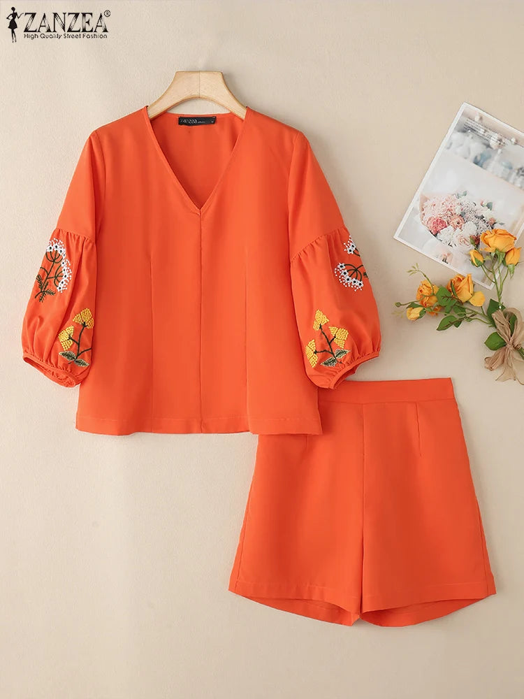ZANZEA Summer Elegant V Neck 3/4 Sleeve Blouse Short Sets 2PCS Women Outfits Casual Holiday Matching Sets Fashion Work Tracksuit