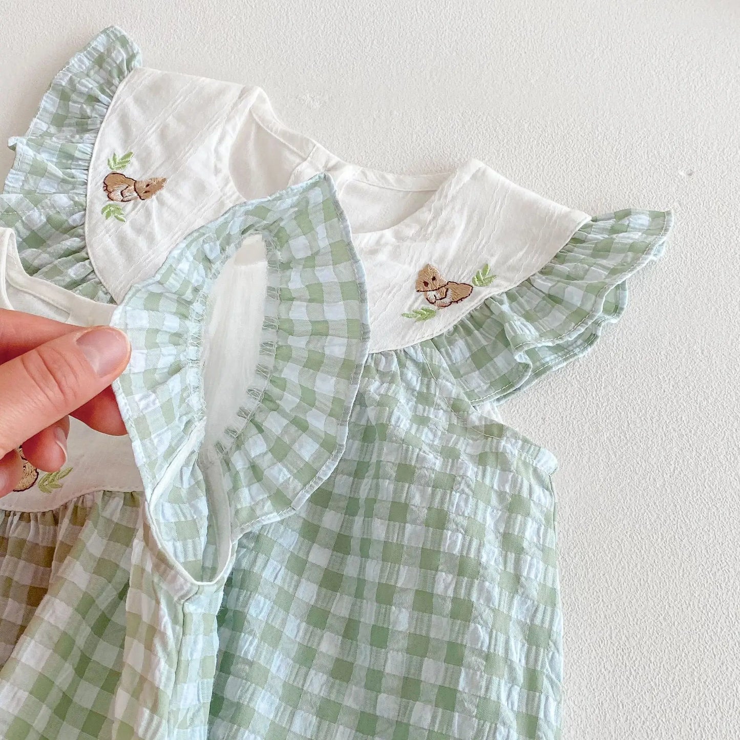 Baby Kid's Summer Plaid Dress 0-5Y Cute Embroidered Bunny Flying Sleeve Children's Dresses Sisters Clothing Baby Girls Bodysuit
