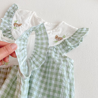 Baby Kid's Summer Plaid Dress 0-5Y Cute Embroidered Bunny Flying Sleeve Children's Dresses Sisters Clothing Baby Girls Bodysuit