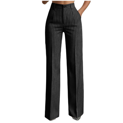 Women Striped Vintage Elastic Back Waist Suit Pants Draped Wide Leg Slacks Business Commute Casual Work Office Ladies Trousers