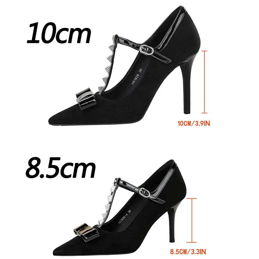 BIGTREE Shoes Rivet Women Pumps T-shaped Buckle High Heels Bowknot Stiletto Suede Women Pumps Buckle Sexy Party Shoes Women Heel