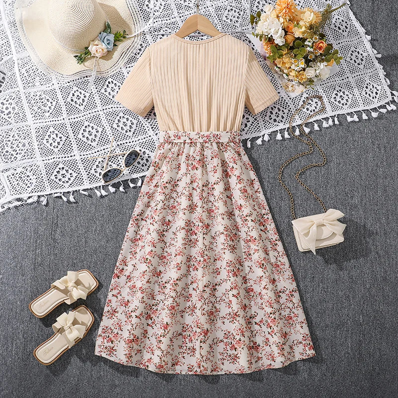 Beige Knitted Square Collar Patchwork Belted Ditsy A-line Dress Casual Style Tween Kids Dress Vacation Outgoing Daily Dress
