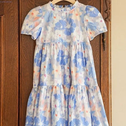 Cotton Dress with Lace Trim in French Retro Oil Painting Style Flower Girl Dresses Children's Clothing Luxury Girls Costume Kids