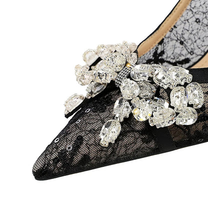 BIGTREE Shoes Women Pumps Black Lace High Heels Sexy Party Shoes 9 cm Stiletto Heels Rhinestone Bowknot Women Heels Plus Size 43