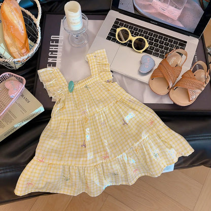 2026 Summer Girls Flutter Sleeve Dress Kids Printed Tiered Princess Dresses for 1-12Y Children Vacation Clothes
