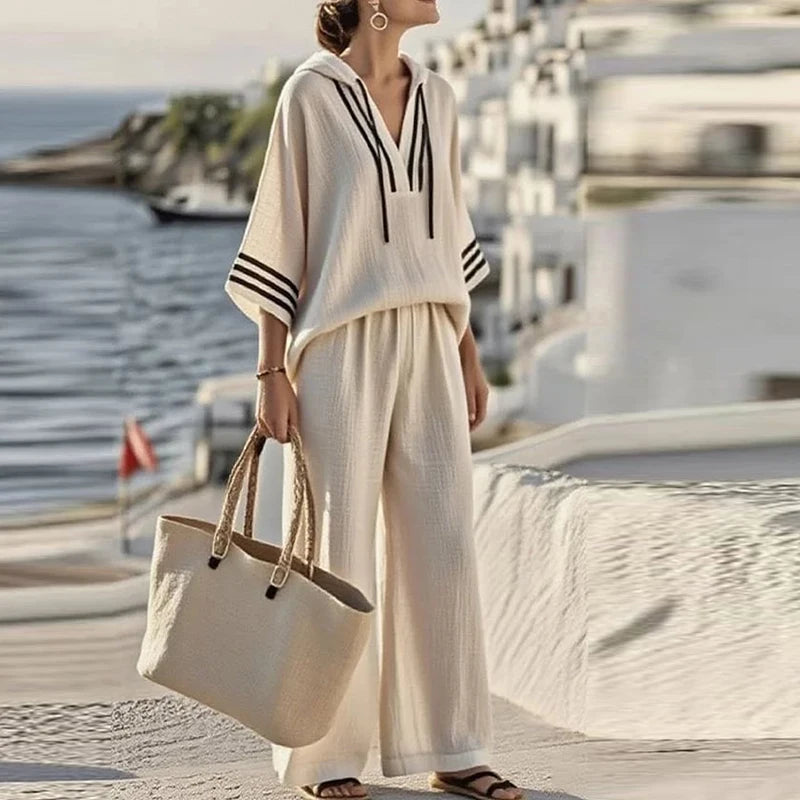 Summer Striped Printed 3/4 Sleeve Hoodies Shirt High Waist Wide Leg Pants Suit Women Casual Loose Two Piece Set Female Tracksuit