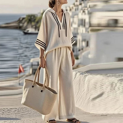 Summer Striped Printed 3/4 Sleeve Hoodies Shirt High Waist Wide Leg Pants Suit Women Casual Loose Two Piece Set Female Tracksuit