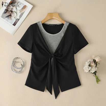 ZANZEA Summer Women Blouse Short Sleeve Fashion Tops Casual O Neck Patchwork Tee Party OL Work Blusas Tunic S-3XL Streetwear