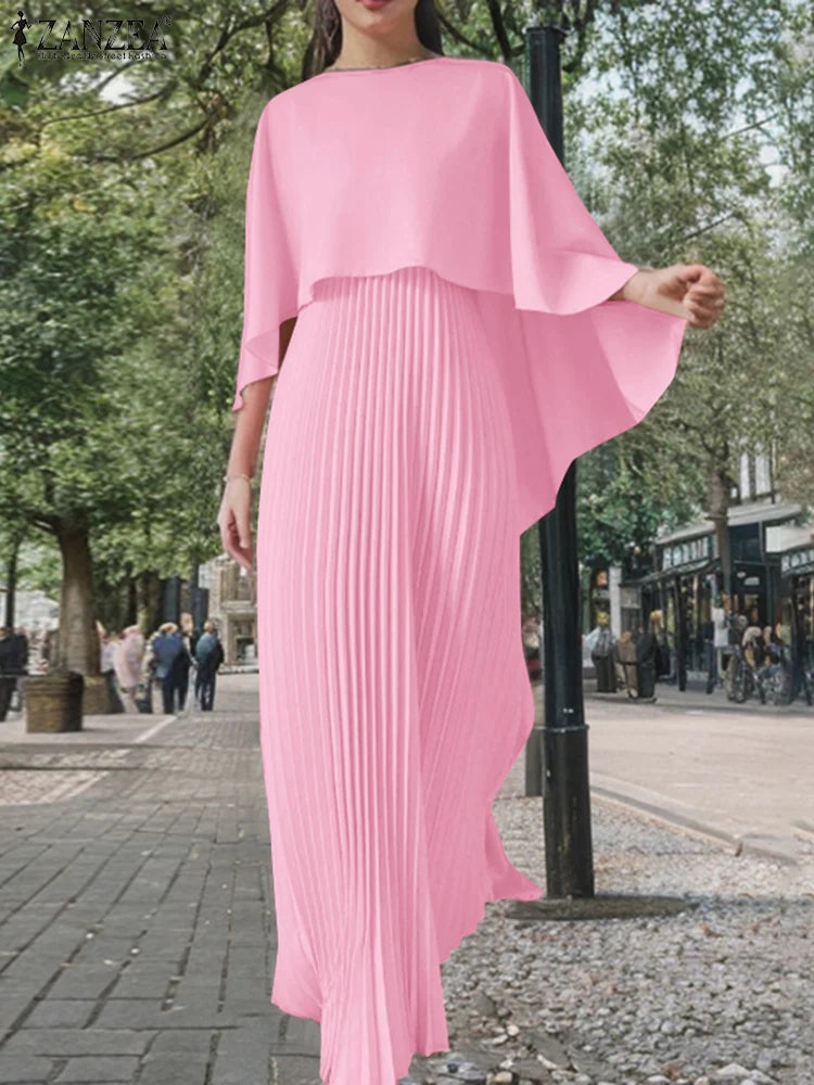ZANZEA Spring Solid Party Work Dress Sets 2pcs Women Outfits Fashion Poncho Blouse Pleated Sundress Elegant Loose Matching Sets