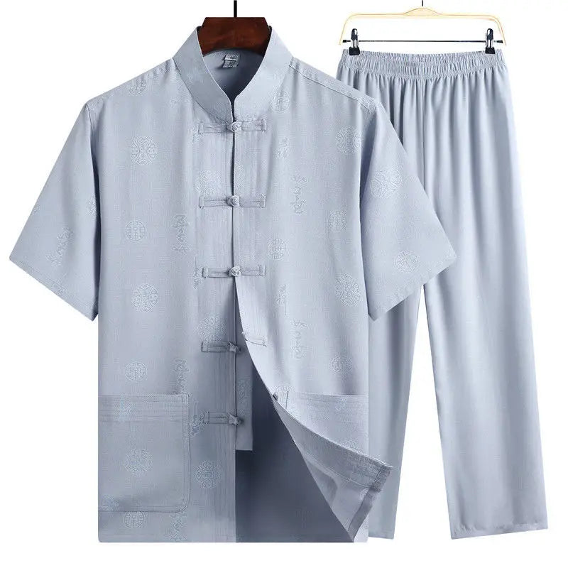 Men's Red Two-piece Summer Set: A Short Jacquard Shirt in Chinese Style Paired with Elastic-waist Pants. White, Gray, Beige-Blue