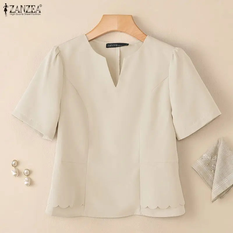 ZANZEA Women Elegant Layered Detail Blouses Summer Short Sleeve V-Neck Cinch Waist Solid Color Tops Day to Night Blusas Mujer