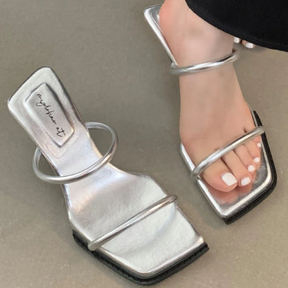 Fashion Leopard Narrow band Women Sandals Square toe thin Heel Slide Sandals Summer Sexy Open Toe non-slip heeled shoes woman