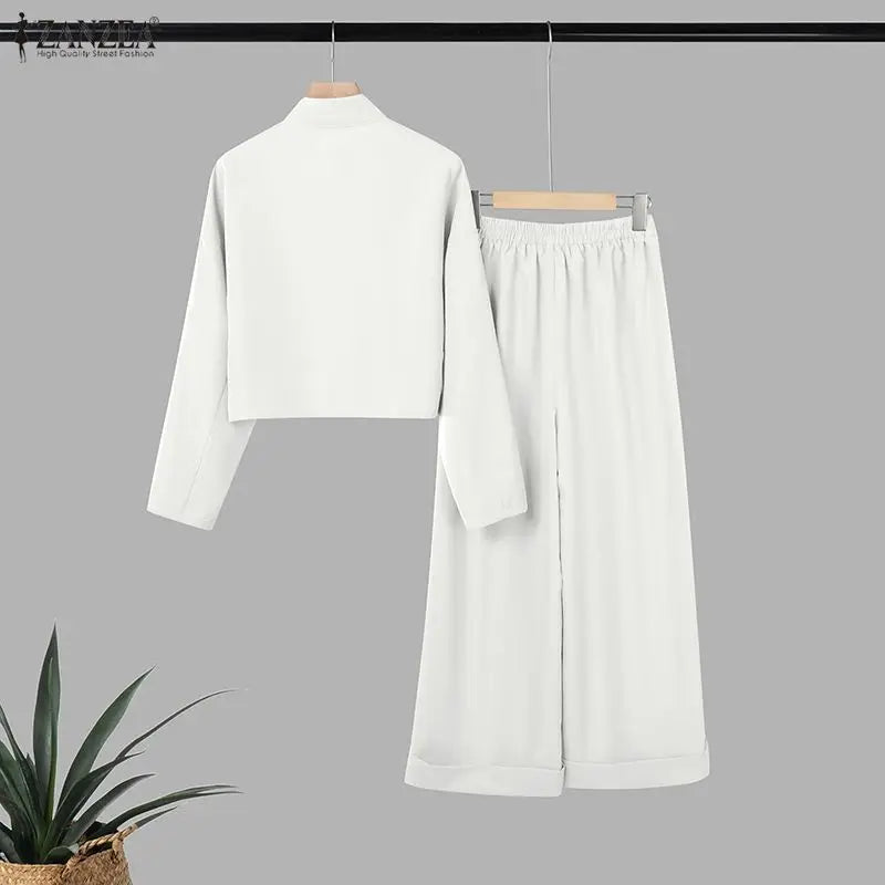 ZANZEA 2026 Spring Outfits Stand Neck Long Sleeve Tops Pant Sets Stylish Solid OL Work Tracksuit Women 2 Piece Sets Streetwear
