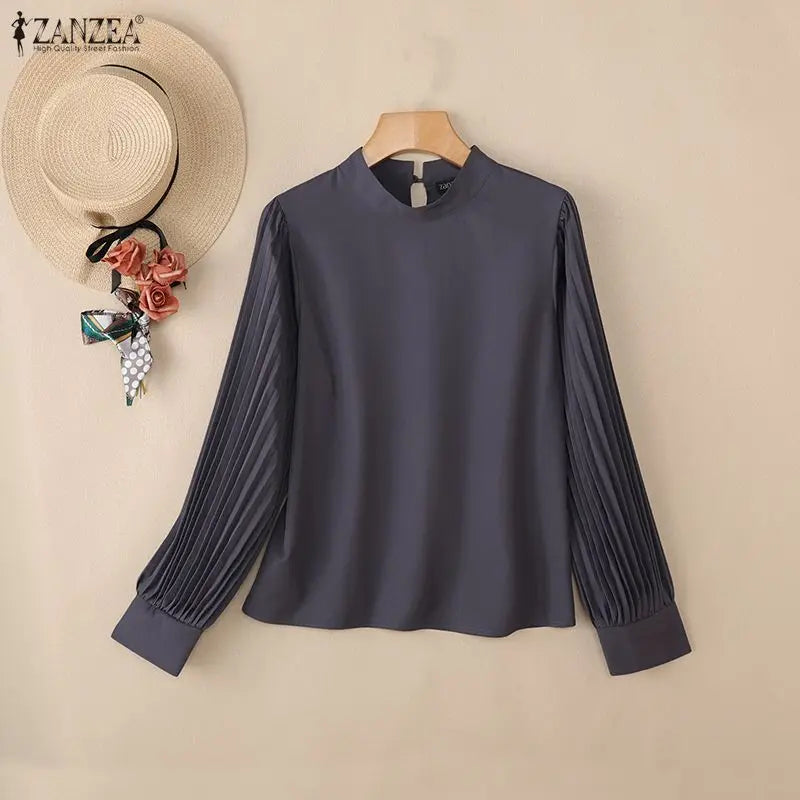 ZANZEA Women's Elegant Chic Blouses Mock Neck Pleated Long Puff Sleeves Solid Color Tops 2026 Minimalist Casual Woman Clothes