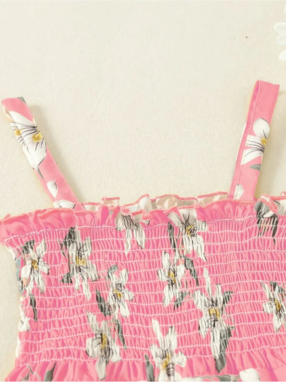 Summer fresh casual children's clothing, girls' pink lily print suspender, waist cinched wide leg pants, jumpsuit