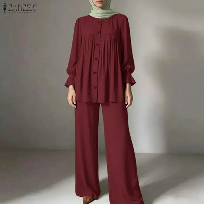 2026 ZANZEA Fashion Women Muslim 2 Piece Sets Casual O Neck Long Sleeve Tops Trousers Suit Ramadan Outfits Solid Color Tracksuit