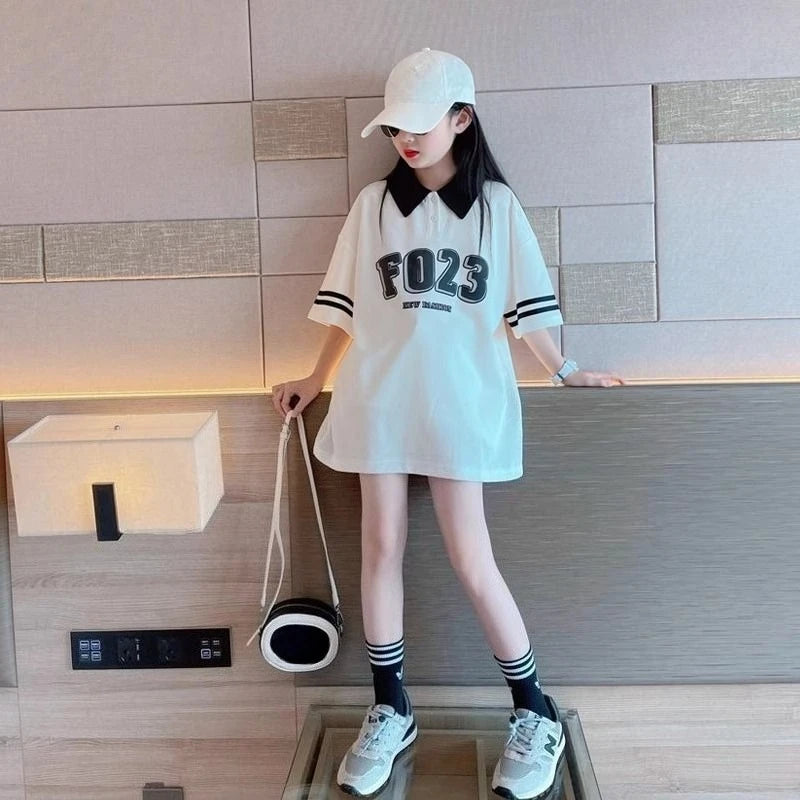 2026 Girls Summer Short Sleeve Polo Style Shirt Loose Fit Cotton Casual Top for Big Kids Trendy Cute Fashion Tee New Arrival