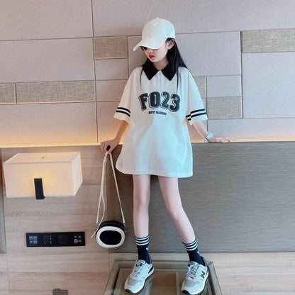2026 Girls Summer Short Sleeve Polo Style Shirt Loose Fit Cotton Casual Top for Big Kids Trendy Cute Fashion Tee New Arrival