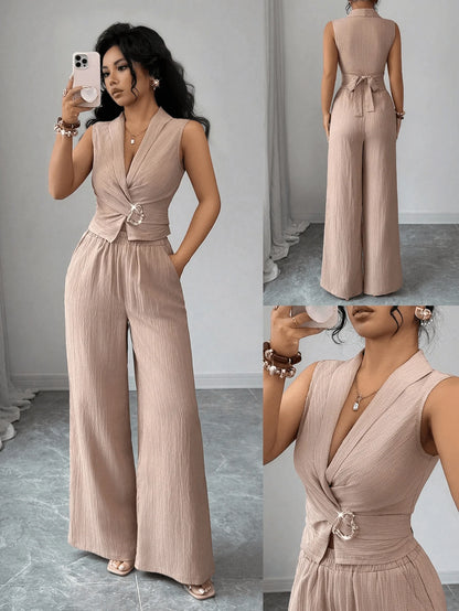 Women's 2 Piece Outfits Summer Sleeveless Wrap V Neck Crop Top Wide Leg Pants Set Casual Elegant Office Two Piece Sets