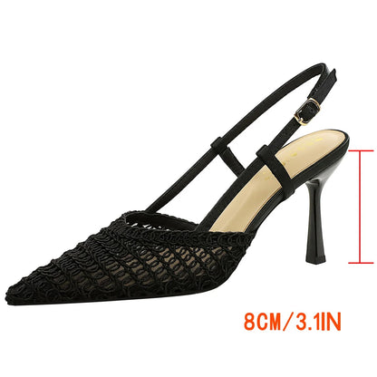 BIGTREE Shoes Woven Net High-heeled Sandals Women Shoes Summer Pointed High Heels Women Pumps Stiletto 8 CM Buckle Sandals Lady