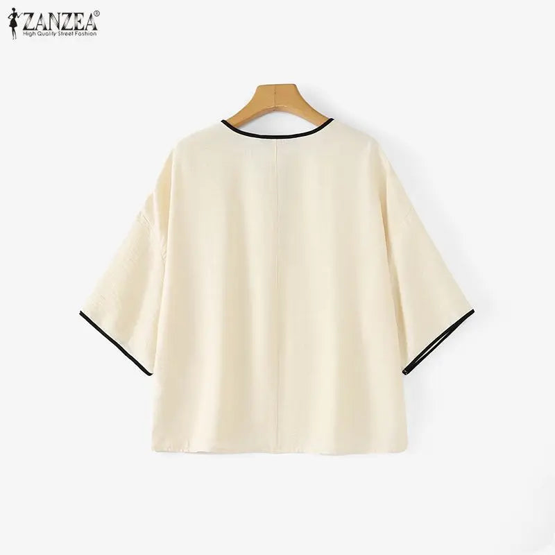 ZANZEA Woman Casual Blouses Contrast-Trim V-Neck 3/4 Sleeve Loose Tunic Tops Autumn 2026 Minimalist Daily Wear Blusas Mujer