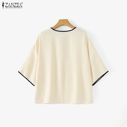 ZANZEA Woman Casual Blouses Contrast-Trim V-Neck 3/4 Sleeve Loose Tunic Tops Autumn 2026 Minimalist Daily Wear Blusas Mujer