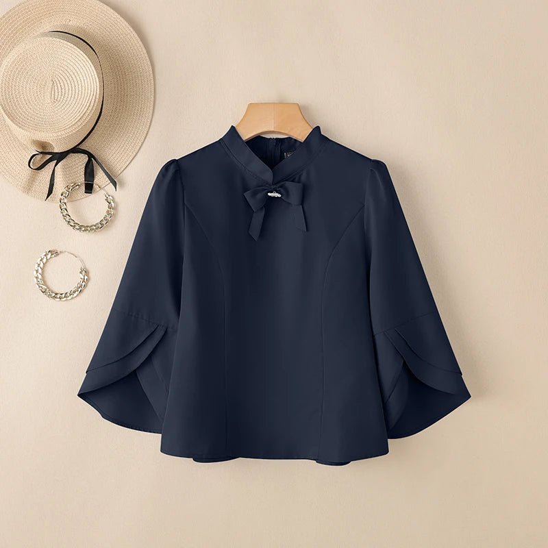 ZANZEA Women's Elegant Bow Tie Blouses Classy 3/4 Petal Sleeves Mandarin Collar Princess Seams Back Zipper Tops Woman Clothes