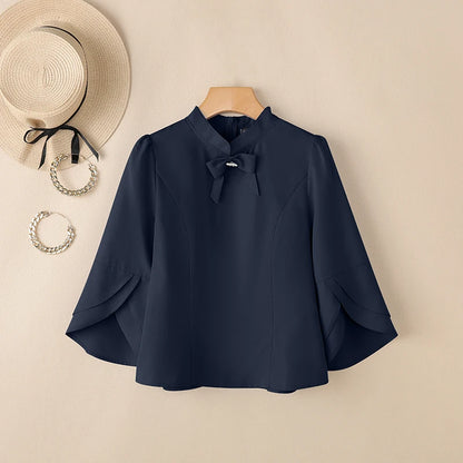 ZANZEA Women's Elegant Bow Tie Blouses Classy 3/4 Petal Sleeves Mandarin Collar Princess Seams Back Zipper Tops Woman Clothes