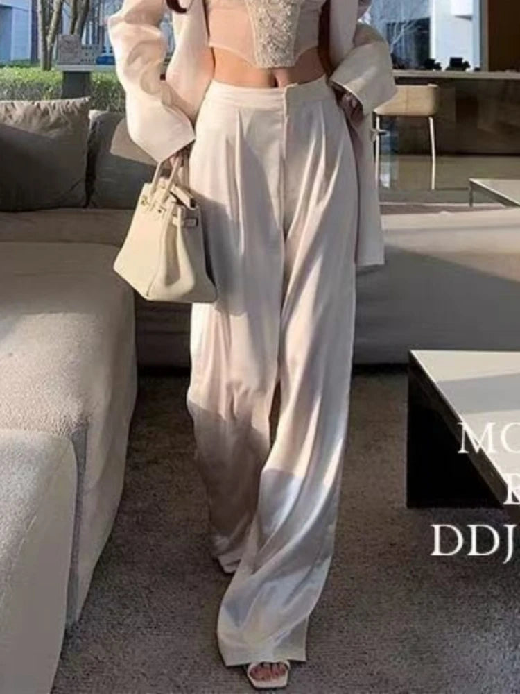 New Satin Wide Leg Pants for Women Summer High Waist Fashion Loose Casual Pants Simple All-match Straight Long Trousers 2026