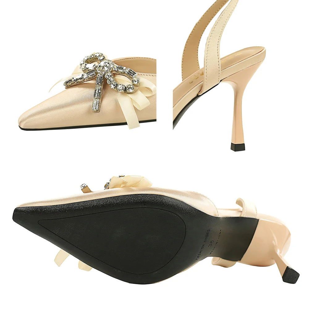 BIGTREE Shoes High-Heeled Sandals Women Shoes Summer Rhinestone Bowknot Women Pumps Silk Pointed Stiletto Heels 8 cm Sandals