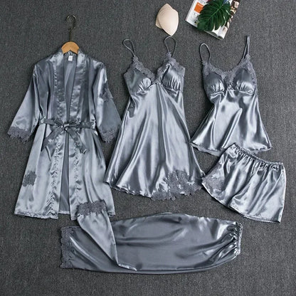 5-piece Set of Women's Sleepwear Sexy Silk Nightgown Lace Satin Nightgown V-neck Vest Breathable Comfortable Women's Nightgown