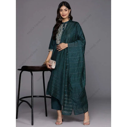 Traditional Indian Kurta 3Pcs Set with Dupatta Women Embroidered Silk Blend Pakistani Dress Elegant Dark Green Ethnic Clothing