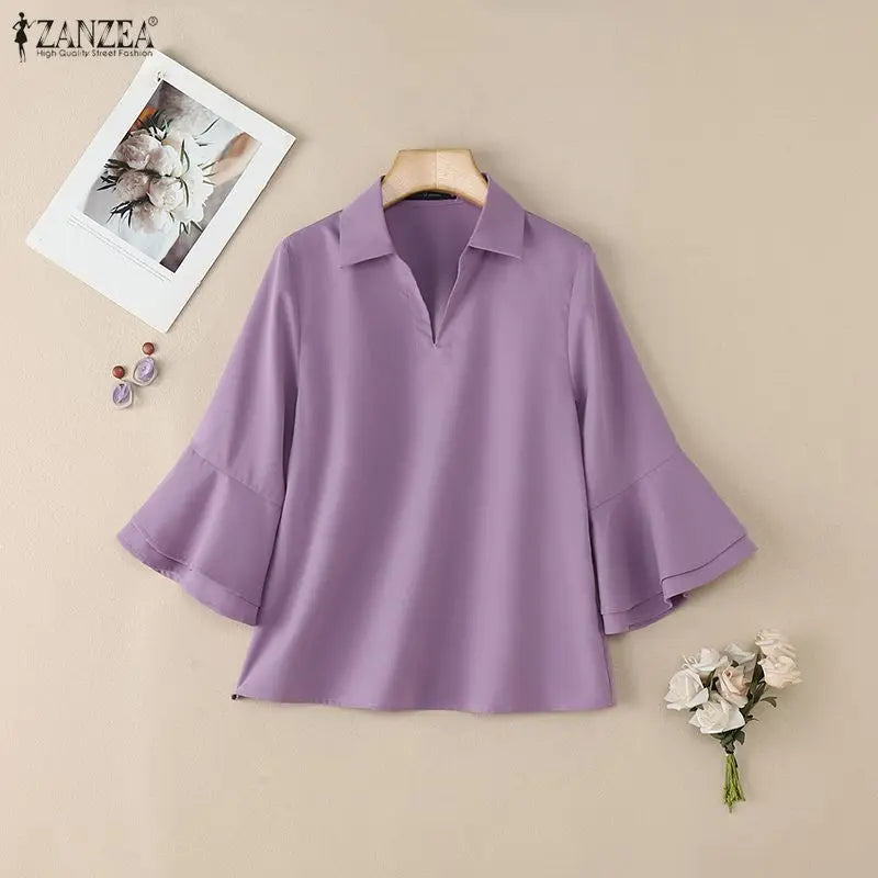 ZANZEA Elegant Layered Flare Sleeves Blouses Women's Casual Turn-Down Collar Solid Color Blouse Spring Summer Fashion Woman Tops