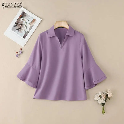 ZANZEA Elegant Layered Flare Sleeves Blouses Women's Casual Turn-Down Collar Solid Color Blouse Spring Summer Fashion Woman Tops