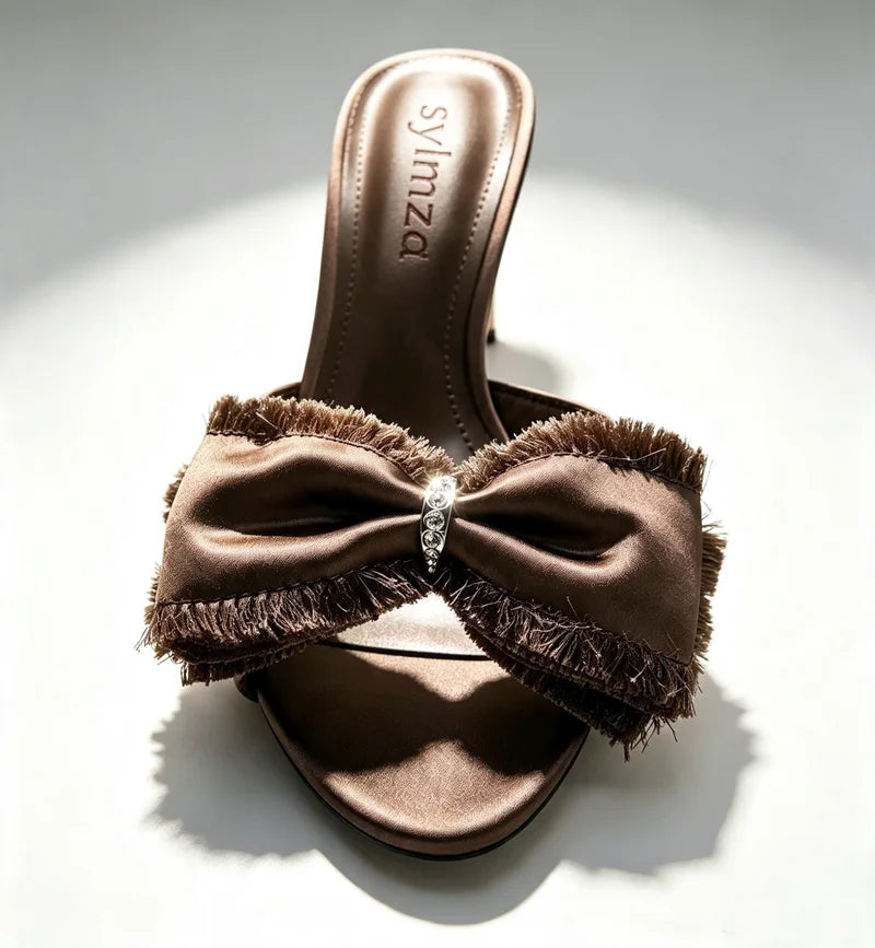 Elegant Brown Satin Bow Detail Women's Slippers Sexy Peep Toe High Heel Sandals for Ladies 2027 Summer Comfortable Women's Shoes