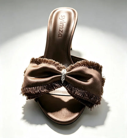 Elegant Brown Satin Bow Detail Women's Slippers Sexy Peep Toe High Heel Sandals for Ladies 2027 Summer Comfortable Women's Shoes
